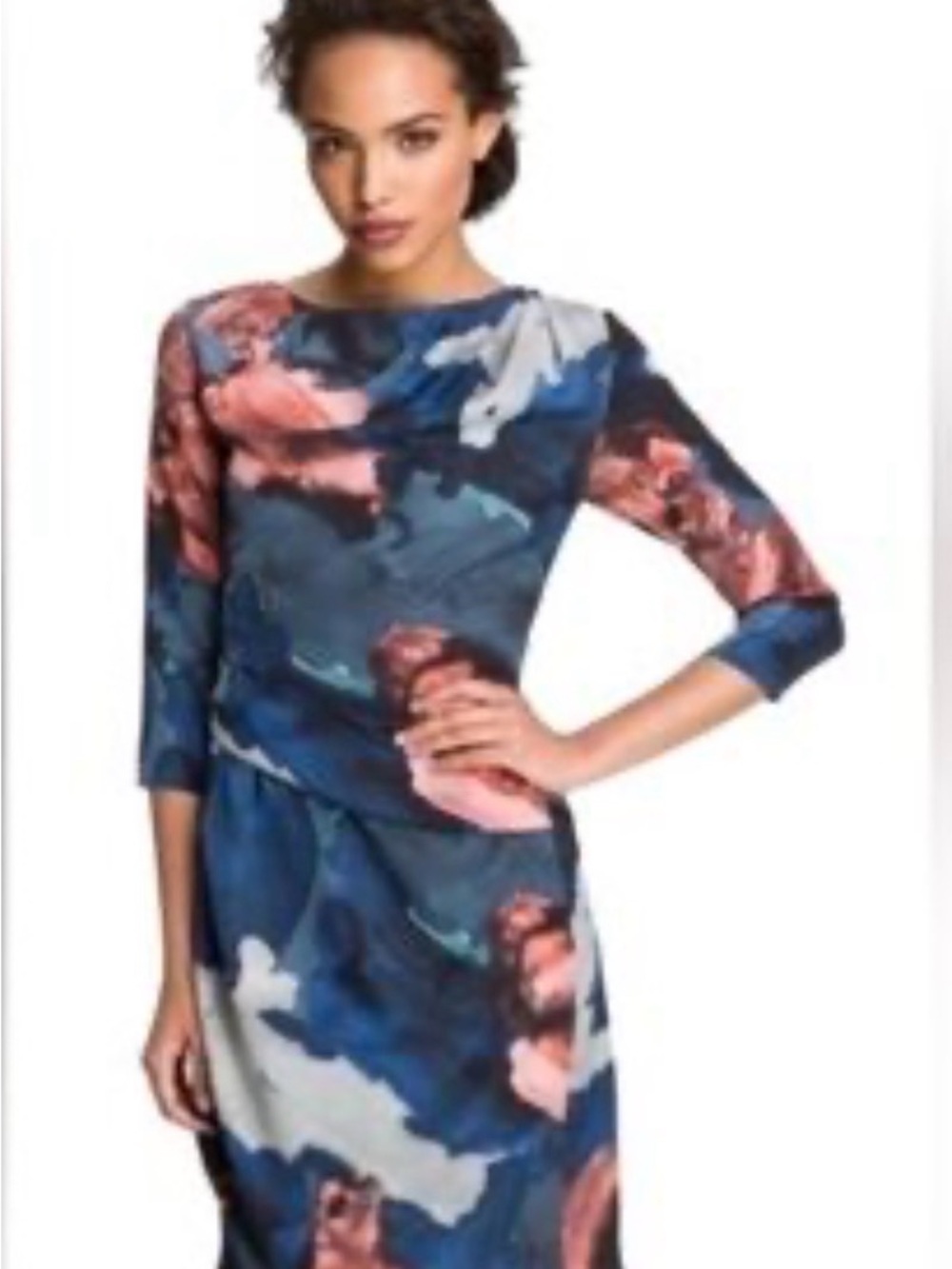 Vince Camuto Navy, White & Coral Abstract Long-Sleeve Sheath Dress